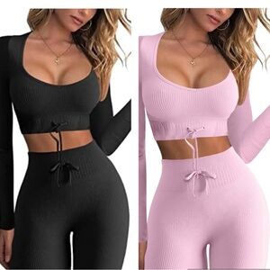 2 QINSEN workout sets Black and Pink Ribbed Two-Piece